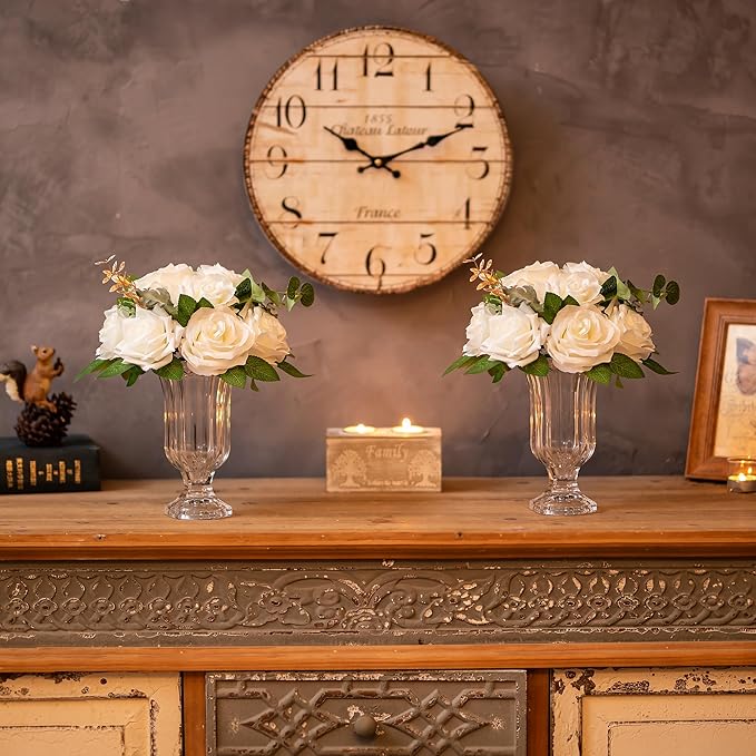 Glasseam Ribbed Glass Vase for Flowers, 7.5in Tall Vases for Centerpieces, Modern Crystal Clear Vase Set of 12, Decorative Flower Vases for Decor, Fluted Footed Urn for Wedding Dining Table Decoration