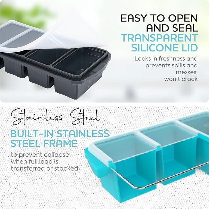Silicone Freezer Tray With Lid - Soup Freezer Container molds - Large Ice Cube Tray- makes 8 perfect 1 cup portions cubes, 2-Pack Freezer Storage Food Soups & Meal Prep - Oven & Dishwasher -Safe