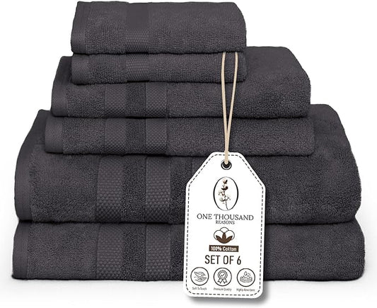 Premium Staple Cotton Bathroom Towel Set - Dark Gray 600 GSM 6-Piece Luxury Bath Towel Set 3 Stripe - 2 Bath Towels, 2 Hand Towels & 2 Washclothes Set - High Absorbent & Quick Dry for Gym, Spa, Hotel