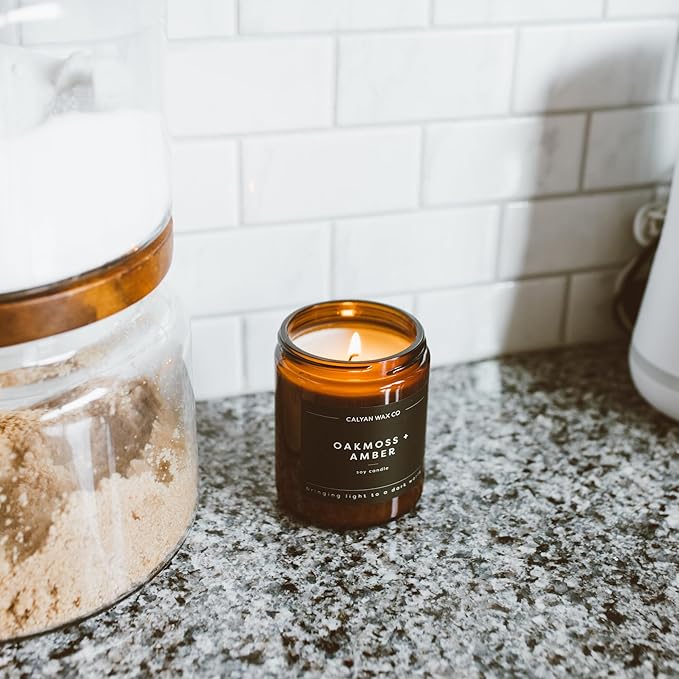 Calyan Wax Co. Lemon & Sage Scented Candle - 57 Hour Burn - Luxury Non Toxic Soy Wax Candles - Long Lasting Amber Glass Jar Candle for Home - 7.2oz