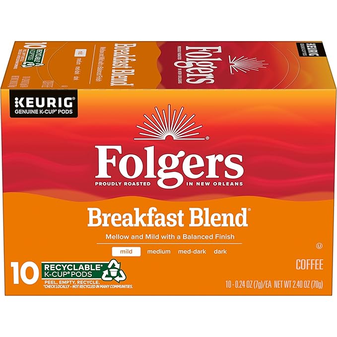 Folgers Breakfast Blend Coffee, Mild Roast, Keurig K-Cup Pods, 10 Count Box