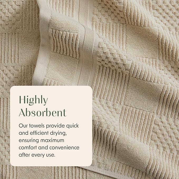 Springtree Home 100% Cotton Bathroom Towel Set | 6 Piece Set - Beige Towels | Geometric Textured Design | Absorbent & Quick-Dry | Oeko-TEX® Standard 100 Cotton | Myla Collection - Sandshell