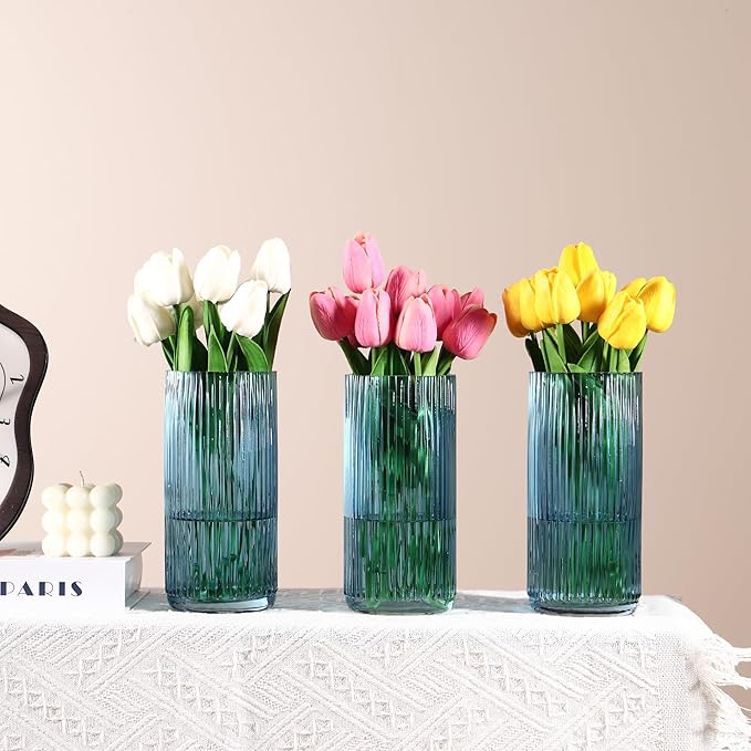 Blue Glass Vases, Flower Vases Set of 3, Ribbed Glass Vase for Tulips, Tall Cylinder Glass Vases for Living Room, Bedroom, Dining Table, Office, Wedding, Bookshelf Decoration, 8 Inches
