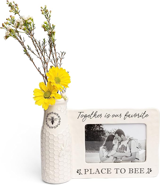 youngs Inc Ceramic Bee Vase w/Photo Frame, White, Black, 11.25" Length x 3.00" Width x 8.00" Height