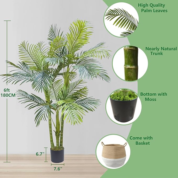 Artificial Palm Tree, 6ft Golden Cane Fake Palm Plant with Basket, Large Phoenix Palm UV Resistant Faux Plants for Indoor Outdoor Home Garden Patio Office Décor