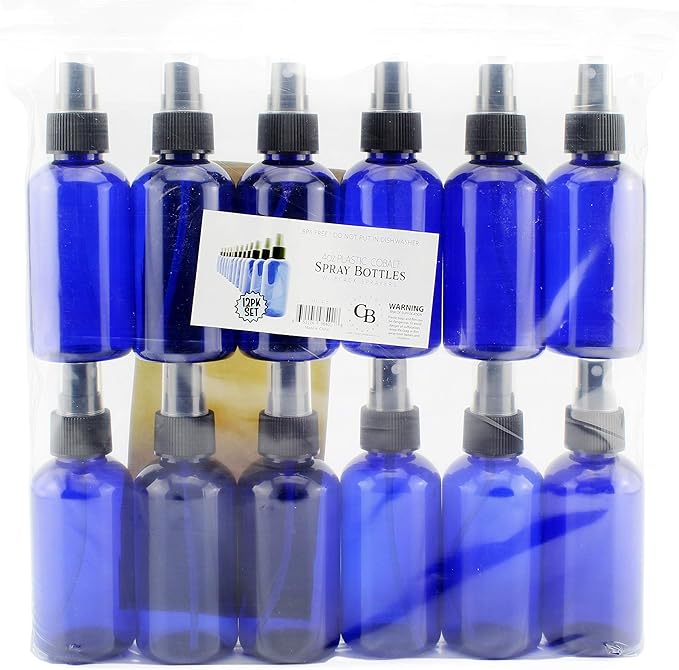 Cornucopia Brands 4oz Blue PLASTIC Fine Mist Spray Bottles (Pack of 12) BPA-Free Plastic Spritzer Bottles, Labels Included; PET #1 Plastic Bottles