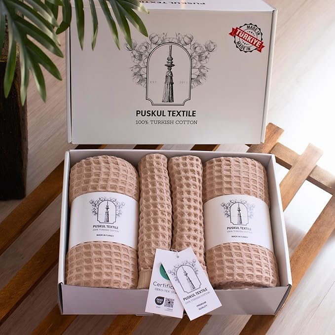 PÜSKÜL - Turkish Waffle Weave Towel Set - 100% Turkish Cotton Long-Staple Cotton, 4-Piece Bathroom Set (2 Bath, 2 Hand Towels) - Made in Turkey (Beige, Towel Set - 2 Hand & 2 Bath Towels)