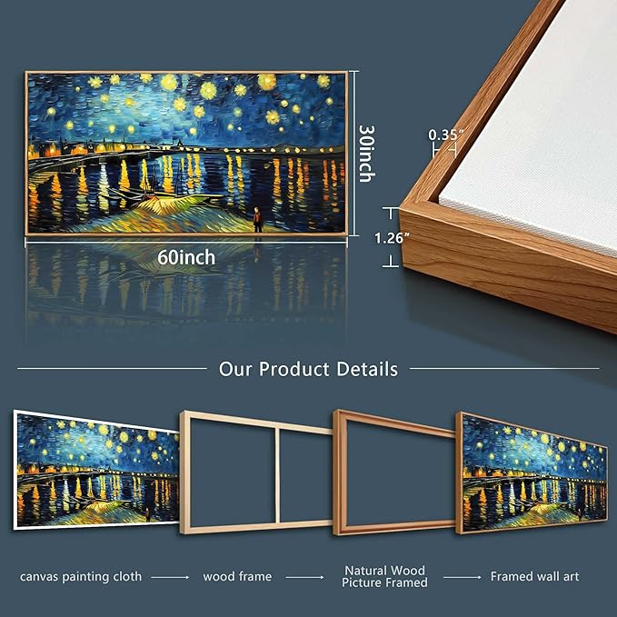 hyidecorart Large Size Canvas Wall Decor For Office Wood Framed Wall Art For Living Room Modern Bedroom Decorations Night Scene Wall Paintings Abstract Blue Vintage Pictures Artwork Home Decor