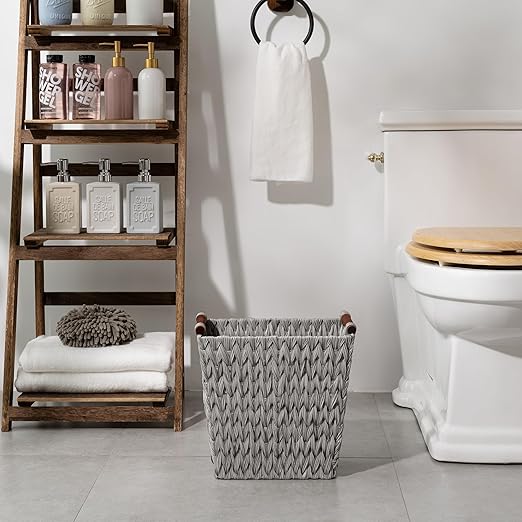 GRANNY SAYS Woven Waste Basket, Gray Wicker Basket with Wood Handles, Wicker Waste Basket for Bathroom Living Room, 2-Pack, 13" x 7 ½" x 12 ½"