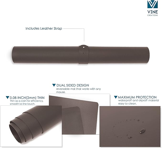 Vine Creations Leather Desk Mat 24" x 17", Desk Protector Mat, PU Leather Desk Pad, Small Desk Pad Mat, Desk Blotter, Desk Pads on Top of Desks, Desk Mat for Home or Office (Dark Brown)