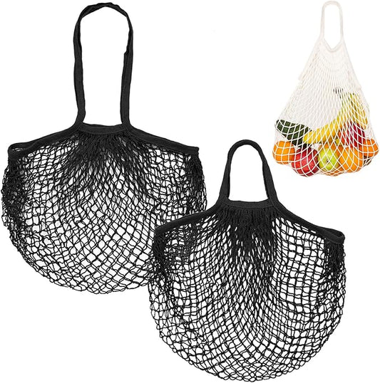 2-Pack Cotton Mesh Bag, Reusable Washable Mesh Net String Grocery Bags, Reusable Produce Bags with Handle, Net Tote Bag for Fruits/Vegetables Shopping [Black, Long&Short Handle]