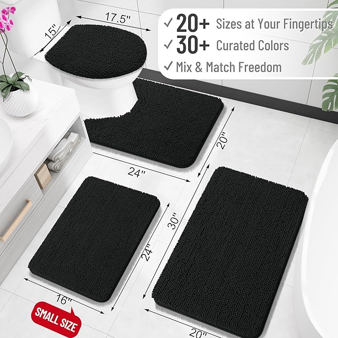 OLANLY Bathroom Rugs 35x24, Extra Soft Absorbent Chenille Bath Rugs, Rubber Backing Quick Dry, Machine Washable Bath Mats for Bathroom Floor, Tub and Shower, Home Decor Accessories, Black