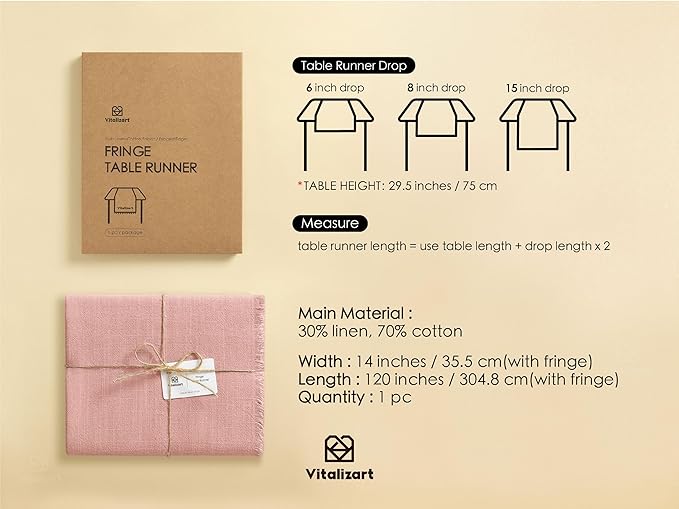 Vitalizart Pink Table Runner 14 x 120 Inches Long Slub Texture Cotton Linen Table Runner for Rustic Home Decorations Dining Room Wedding Decor Reception Bridal Shower Thanksgiving Christmas