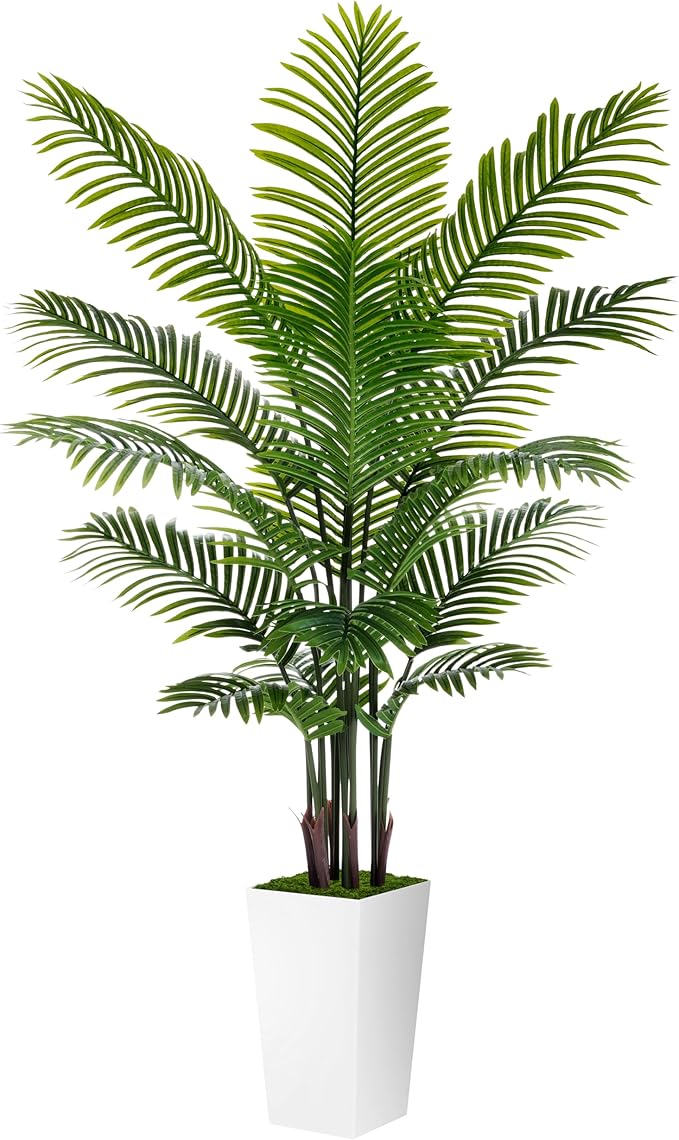 Artificial Palm Tree 6FT - Fake Tree with White Tall Planter - Faux Tropical Areca Floor Plant in Pot - Artificial Silk Plant for Home Office Living Room Decor Indoor