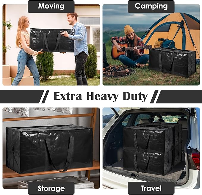 12 Pack Extra Large Heavy Duty Moving Bags with Reinforced Zipper & Wide Handles, Moisture-Resistant Storage Bins Packing Cubes for Clothes, College Dorm, Travel, and Home Organization, Black
