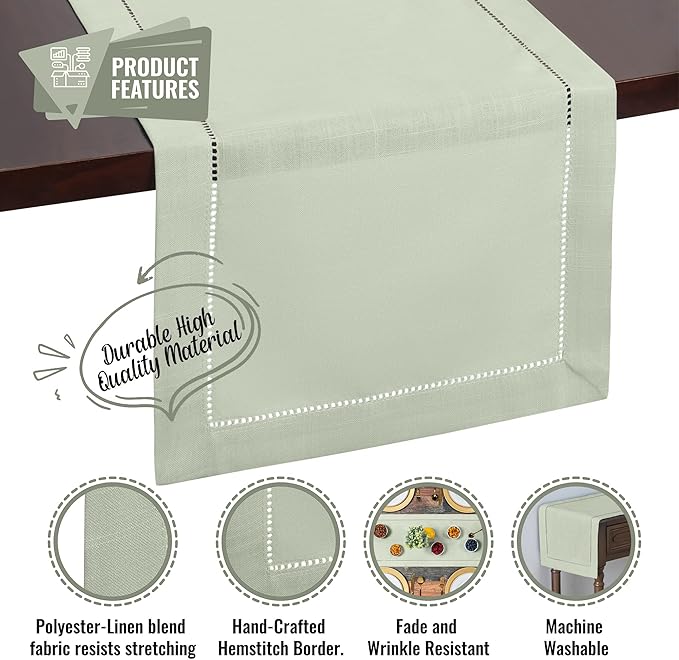 Sage Green Table Runner with Hemstitch – Light Green Runner for Farmhouse Decor, Rustic Dining Table, Dressers, and Home Decoration (14 x 108 Inches Long)