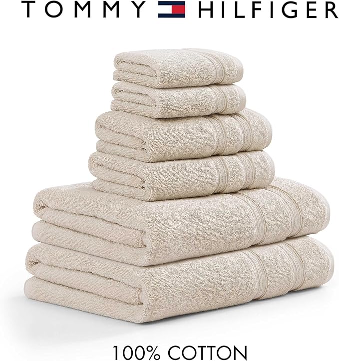 Tommy Hilfiger - Bath Towels, Ultra-Soft & Quick Drying with Zero Twist, 600 GSM Bathroom Towels with Iconic Flag Accent (Harborside Solid Beige, 6 Piece)