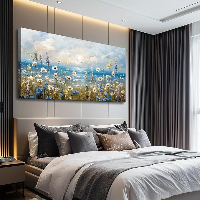 Canvas Wall Art for Living Room Large Wall Decor for Office Modern Bedroom Decorations White Flower Landscape Pictures Farmhouse Paintings Artwork Room Wall Mural Aesthetic Home Decor 60x30