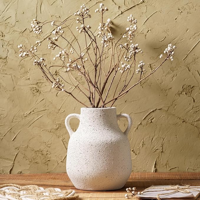 Vintage Farmhouse Flower Round Ceramic Vase with 2 Handles, Rustic Pampas Grass Vase, White Modern Decorative Flower Ceramic Vase for Home Decor, Table, Living Room Decoration, Office, 7.7 Inch