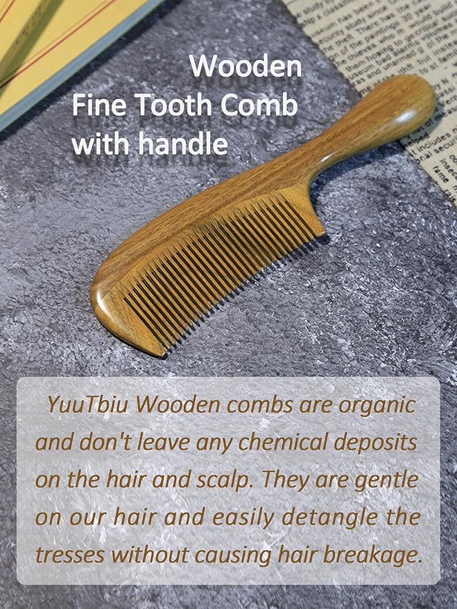 Sharp Fine Tooth Green Sandalwood Comb with Handle - Wooden Thin Hair Detangler Brush for Smoothing & Precision Hair Styling (Anti-Static & Durable)