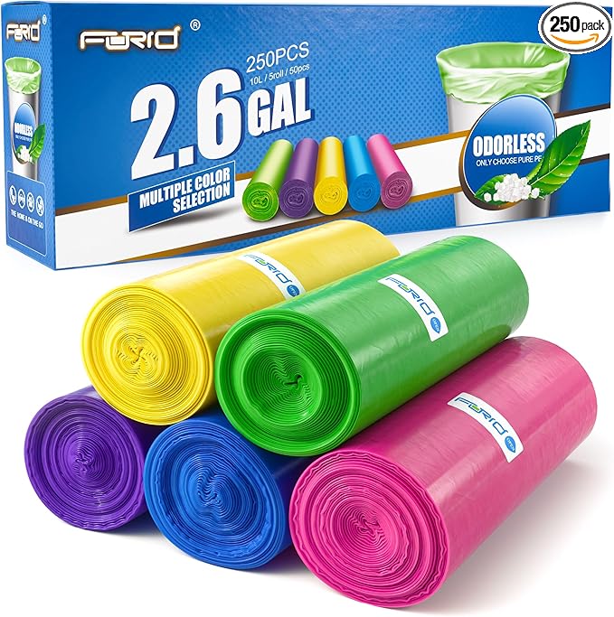 FORID Small Bathroom Trash Bags - 2.6 Gallon Colored Garbage 250 Bags 10 Liter Unscented Waste Can Liners Wastebasket Liner For Home Office (2-3 Gal) - Durable & Thick Trash Bag Multi Colored