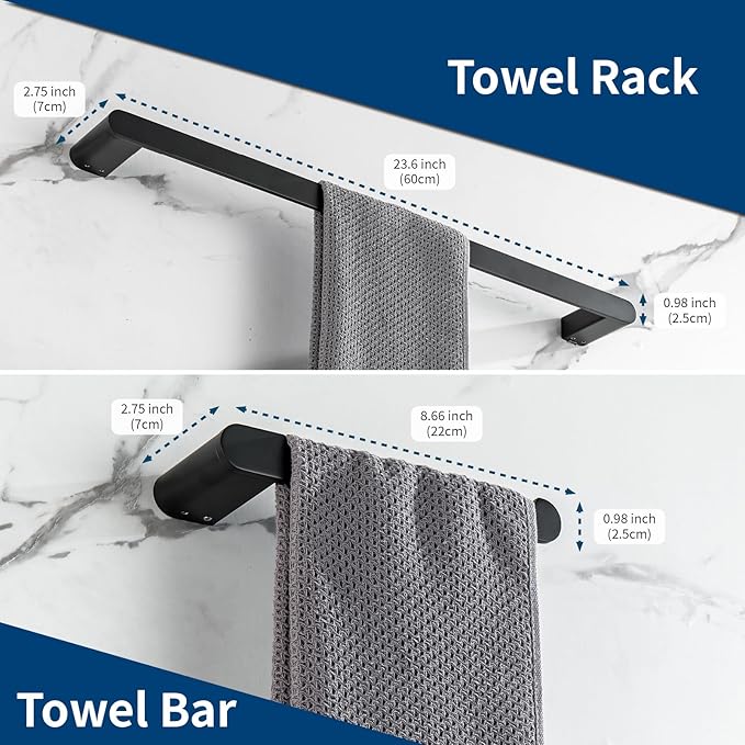 Bathroom Hardware Set, 4-Piece Towel Rack Towel Bar Towel Holder Toilet Paper Holder Towel Hooks Wall Mounted Bath Towel Bars Matte Black Stainless Steel Bathroom Accessories Set, 23 inch