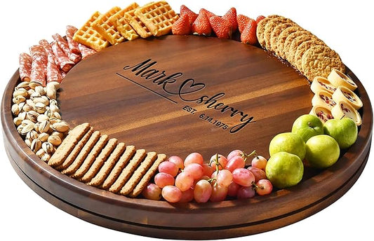 Shanik Acacia Wood Rotating Cheese Board – Round Lazy Susan Charcuterie Platter for Appetizers, Crackers, Meat, and Cheese Serving Tray