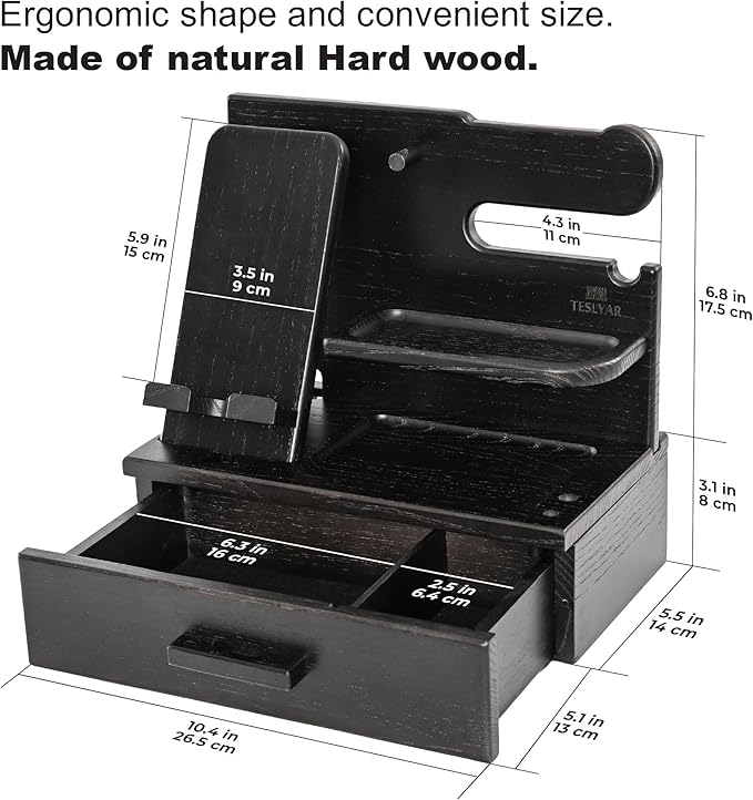 TESLYAR Wood Phone Docking Station with Drawer - Nightstand Organizer - Desk Organizer for Husband - Birthday Gifts for Men, Dad, Anniversary Idea, Key Holder Stand Watch & Accessories (Fumed Black)