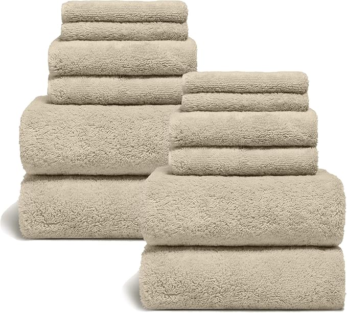 Italic Ultraplush 12-Piece Family Towel Set – Luxury Bath Towels, Hand Towels & Washcloths – 800GSM Quick Dry & Highly Absorbent 100% Australian Cotton for Bathroom & Spa (Sand)