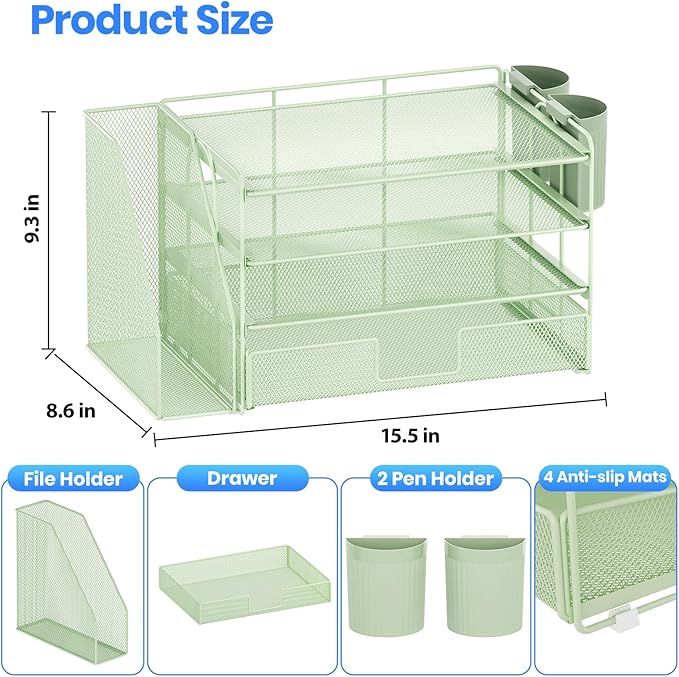 OPNICE Desk Organizer and Accessories, 4-Tier Desktop File Organizer with Drawer and 2 Pen Holders, Office Desk Accessories, File Sorters, Workspace Organizers for Office Supplies(Green)