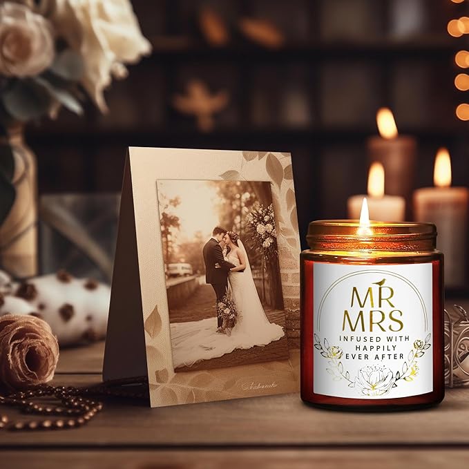 Wedding Gifts for Bride, Groom - Mr and Mrs Candle - Happy Engagement Gift for Her, Bride to Be - Gifts for Bridal Shower, Newlywed, Married Couples Anniversary - Jasmine Scented Soy Candle