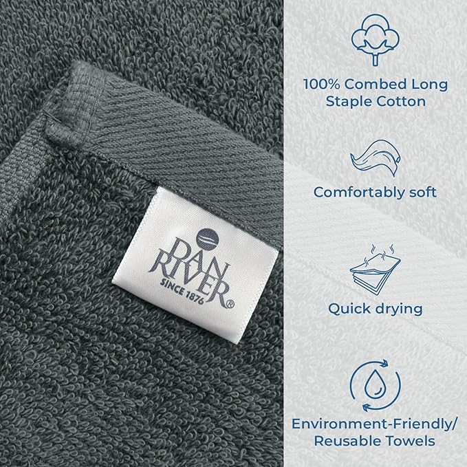 DAN RIVER Bath Towels Set of 4, 27 x 54 Inches, 100% Cotton, Larger & Lighter Weight, Quicker to Dry, Super Soft and Absorbent, Ideal Gray Bath Towels for Daily Use