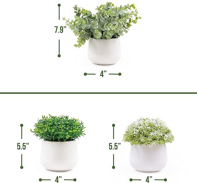 Artificial Plants for Home Decor Indoor. 4 Mini Plants, Rosemary Faux Plant Decor, Eucalyptus Plant, Grass Plants. Small Fake Shelf or Desk Greenery Décor (Ceramic-3)