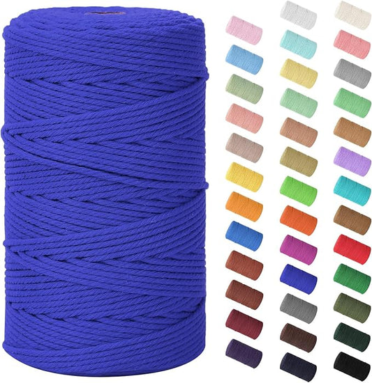 Macrame Cord 3mm x 220Yards (656Feet), Natural Cotton Macrame Rope - 4 Strands Twisted Macrame Cotton Cord for Wall Hanging, Plant Hangers, Crafts, Gift Wrapping and Wedding Decorations, Dark Blue
