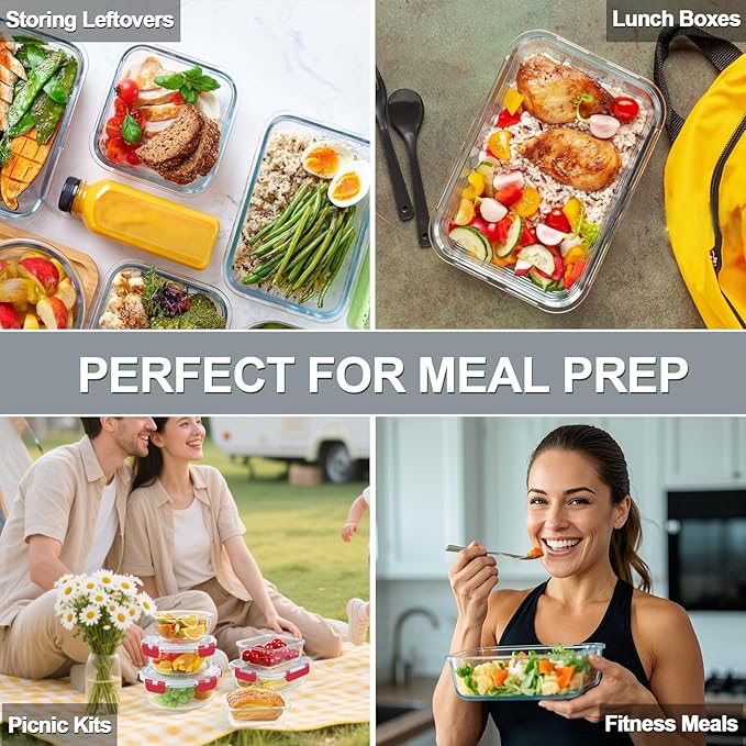 KAMOTA Glass Food Storage Containers, Red Glass Meal Prep Containers, Airtight Containers with Snap-Lock Lids, Set of 12, for Microwave/Oven/Freezer/Dishwasher