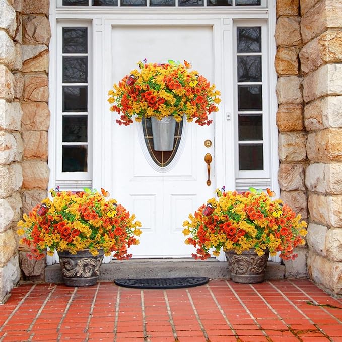 20 Bundles Artificial Flowers for Outdoors‌ with 6 Faux Butterflies, UV Resistant Fake Flowers‌ with Eucalyptus Leaves, Artificial Plants Outdoor‌ for Patio Garden Porch Home Decor (Orange Yellow)