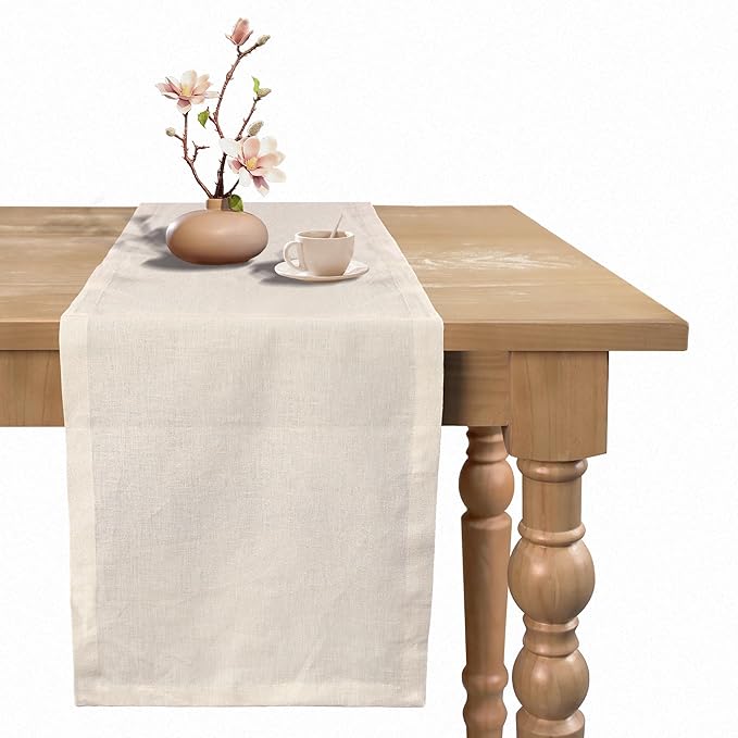 Small Coffee Farmhouse Table Runner for Fall, Thanksgiving, Christmas, and Winter - Athena - 100% Pure Linen - 14 x 36 Inches - Ivory