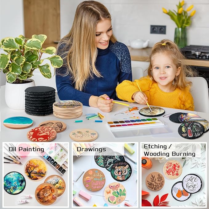 90 PCS Round Blank Coasters Bulk for Laser Engraving, MAPRIAL 4 Inch 100% Natural Black Slate Stone, Wood, Cork, Engravable Materials for Engraver, Gifts, Crafts