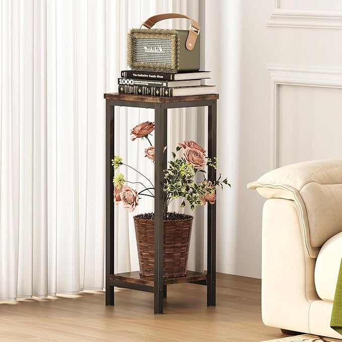 Homeiju 2-Pack Plant Stand Indoor, 2 Tier Wood Corner Plant Stand, Modern Square Plant Shelf Flower Stand for Living Room Patio Balcony Garden, Rustic Brown