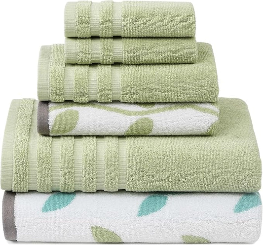 Modern Threads Organic Vines 6-Piece 100% Cotton Towel Set – Yarn Dyed Jacquard & Solid – Includes 2 Bath Towels, 2 Hand Towels, 2 Washcloths – Absorbent, Quick Dry, Soft & Durable – Sage Green