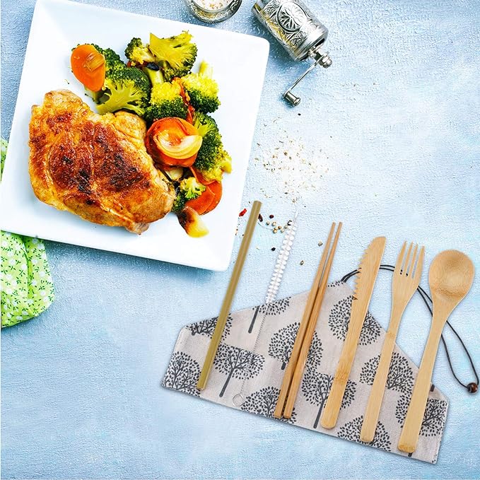 Boao 4 Sets Bamboo Utensils Wooden Utensils Set Japanese Style Reusable Cutlery Travel Chopsticks Fork Spoon Straw Portable Utensil Case for Travel Hiking Picnic Camping Cooking Kitchen(Chic Style)