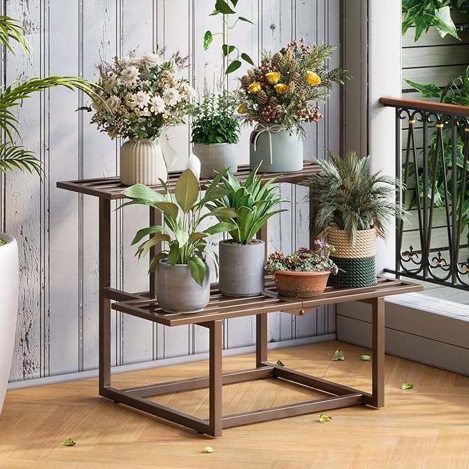Metal Plant Stand Indoor, Outdoor Iron Plant Shelf, Heavy Duty Slatted Display Shelf for Patio Balcony Garden Living Room Load Bearing 330 LB 26" L x 20.2" H x 17.7" W 2 Tier Coffee