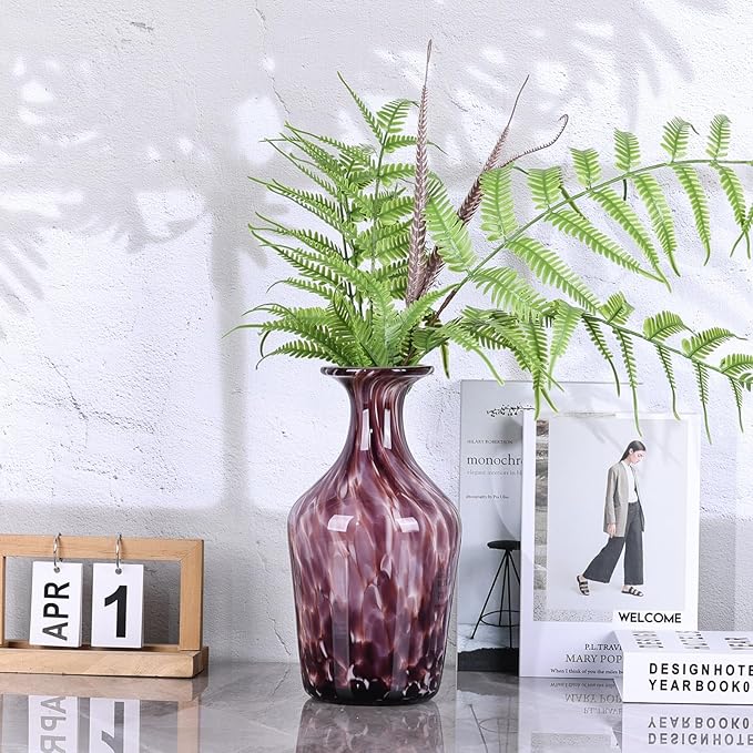 12.2" Tall Hand Blown Glass Vase – Pretty Red Purple Decorative Flower Vase, Modern Vintage Fusion Home Decor, Colorful Murano Glass Vases for Table Centerpieces, Living Room, Bathroom, Entry Table