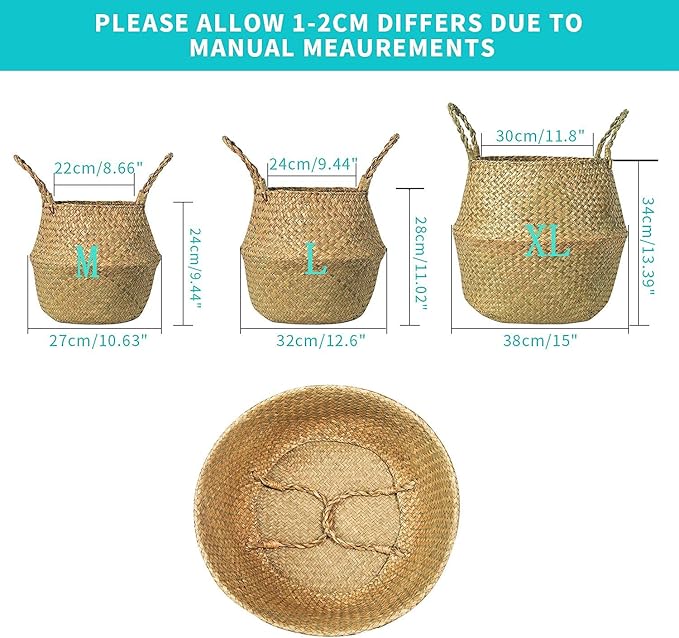 Seagrass Belly Basket, Set of 2 Woven Plant Pot Holder Handmade Home Decor for Storage Plants Picnic Grocery Large(12.6 x 11.02 inch)