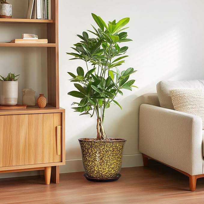 Ceramic Pots for Plants - 10 Inch Plant Pot for Indoor Outdoor, Round Planter with Drainage Hole and Saucer, Modern Flower Pot, Decorative Planters, Home Garden Decor, Birthday Gift, Yellow