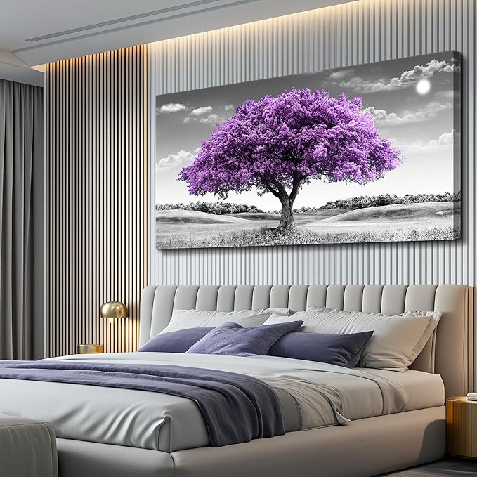 Canvas Wall Art for Living Room Large Wall Decor for Bedroom Modern Office Wall Decorations Purple Tree Landscape Painting Black and White Pictures Artwork Room Aesthetic Home Decor
