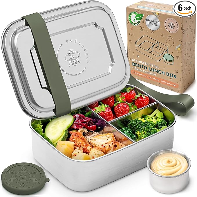 Everusely - Bento Box - Sage, 37oz / 1.1 L - Stainless Steel Lunch Box with Leakproof Condiment Container - 3 Compartment Snack Organizer for On the Go Meals - Freezer & Dishwasher Safe