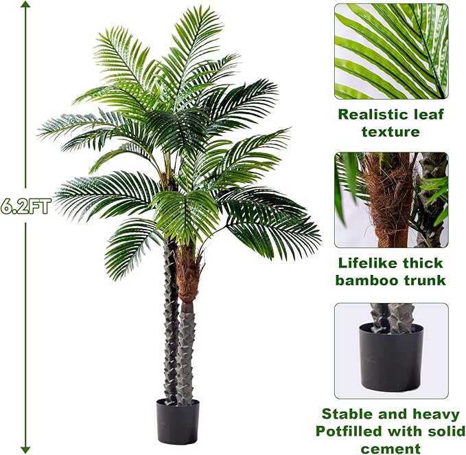 6.2FT Artificial Phoenix Palm Tree with Coconut Fruit Outdoor Indoor Decor Large Faux Coconut Silk Palm Tree Tropical Fake Tree Large Faux Sago Palm Plant for Home Yard Outside Patio Poolside