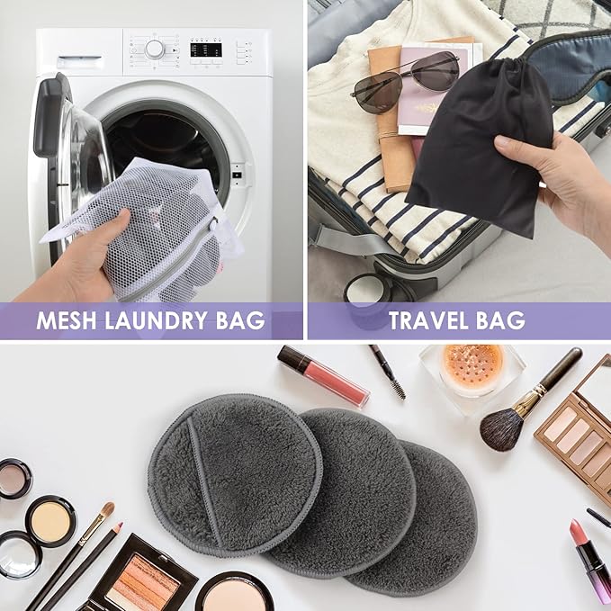 SUNLAND Reusable Makeup Remover Pads for Face,Eye,Lips 32 Pack Microfiber Face Cleansing Gloves Washable with Laundry Bag and Travel Bag Rounds Toner Pads（Round 3.15inchx32,Dark Grey）