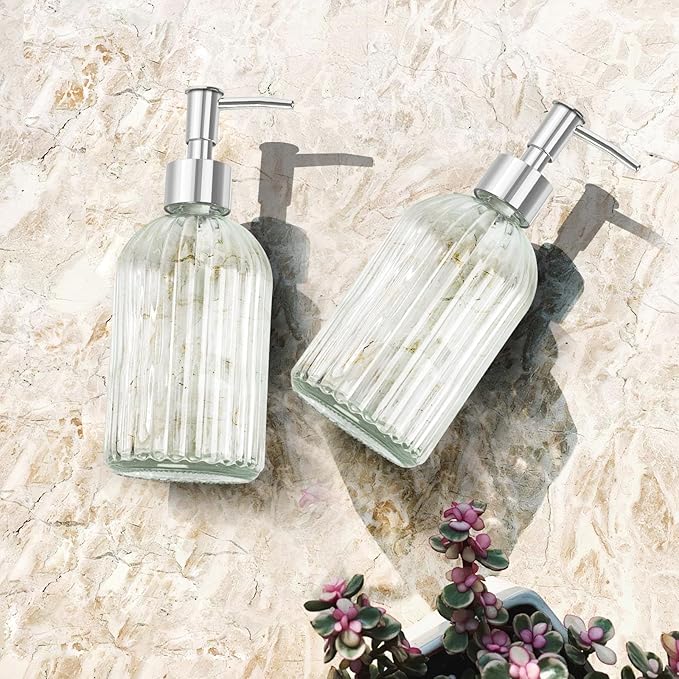 Glass Soap Dispenser with Plastic Pump, Hand Soap Dispenser for Hand Wash, Lotion Dispenser for Dishwashing Liquid, Lotion Shower Gel (Striped Transparent)
